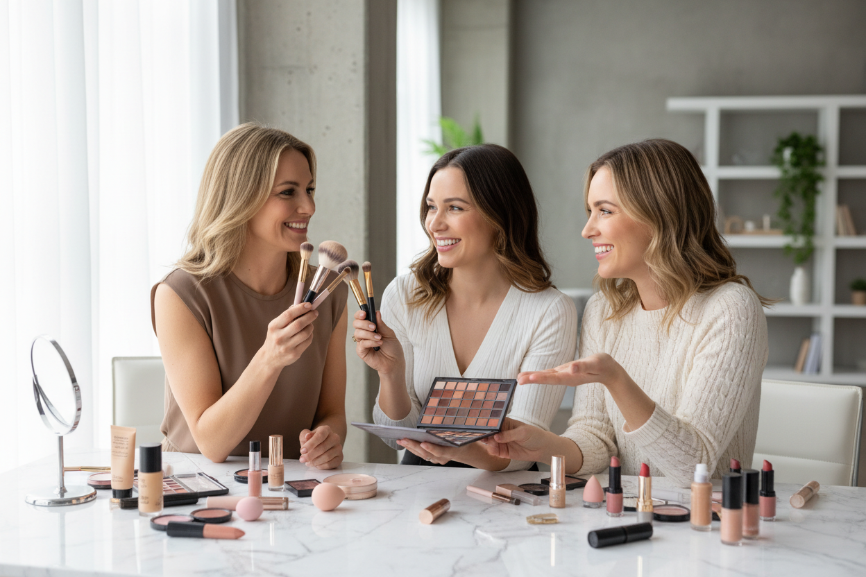 三位欧美女士聚在一起展示化妆工具